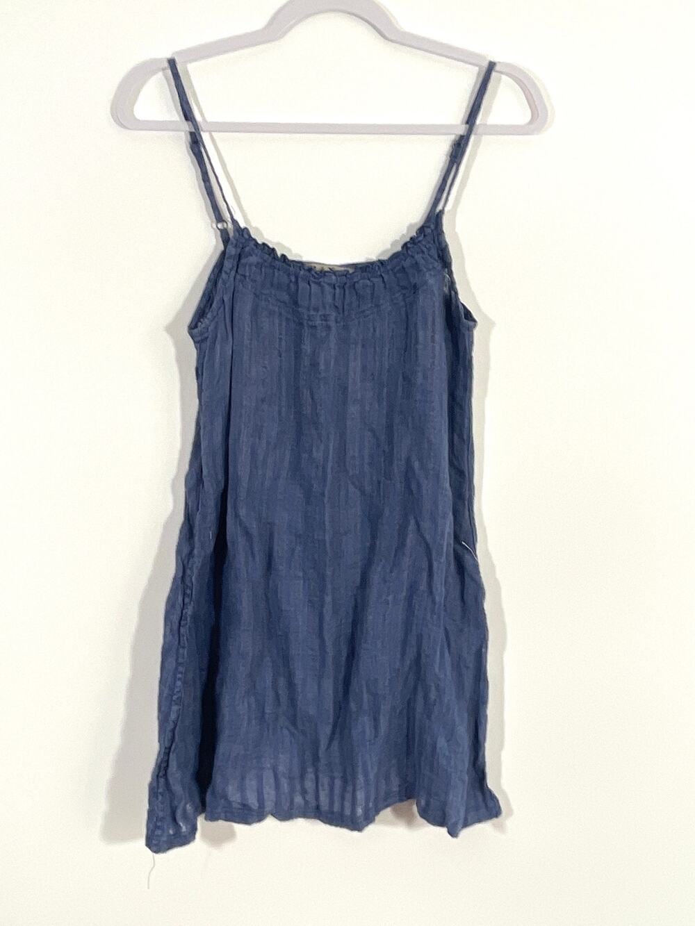 Flax Blue Linen Spaghetti Strap Semi Sheer Short Tunic Top Dress Size P 4-6